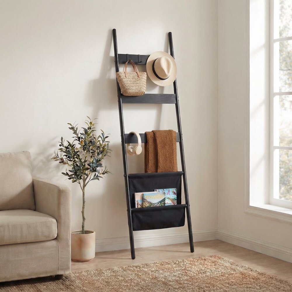 Wall-Leaning Blanket Ladder With Storage Basket 63"x17.25"x1" | Black - Picture 3 of 5